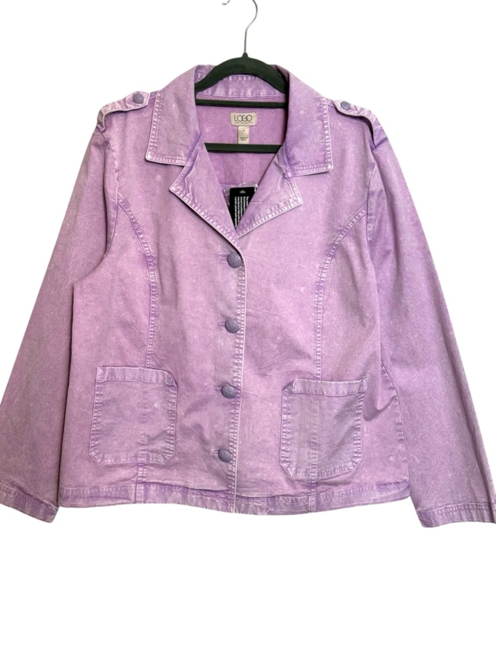 LOGO Lori Goldstein Lavender Denim Jacket Utility Button Front Stretch M NWT